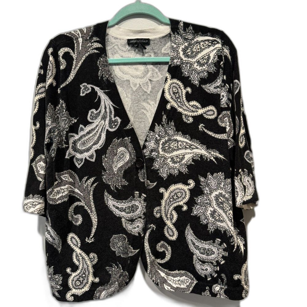 Cardigan Sweater Black White Paisley Cotton Blend Button Front Womans Size 1X